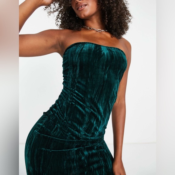🦚Extro & Vert Tall Bandeau Mini Dress in Emerald Green Velvet - Picture 4 of 6